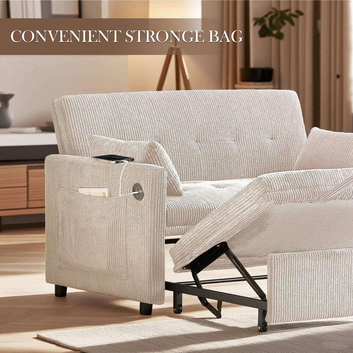 UXENAFANA Sofa Bed, Loveseat 3-in-1 Sleeper Sofa with Pull Out Bed, Pockets and USB, Modern 2 Seater Convertible Small Couch for Living Room Bedroom Apartment (Beige, Corduroy) UXENAFANA