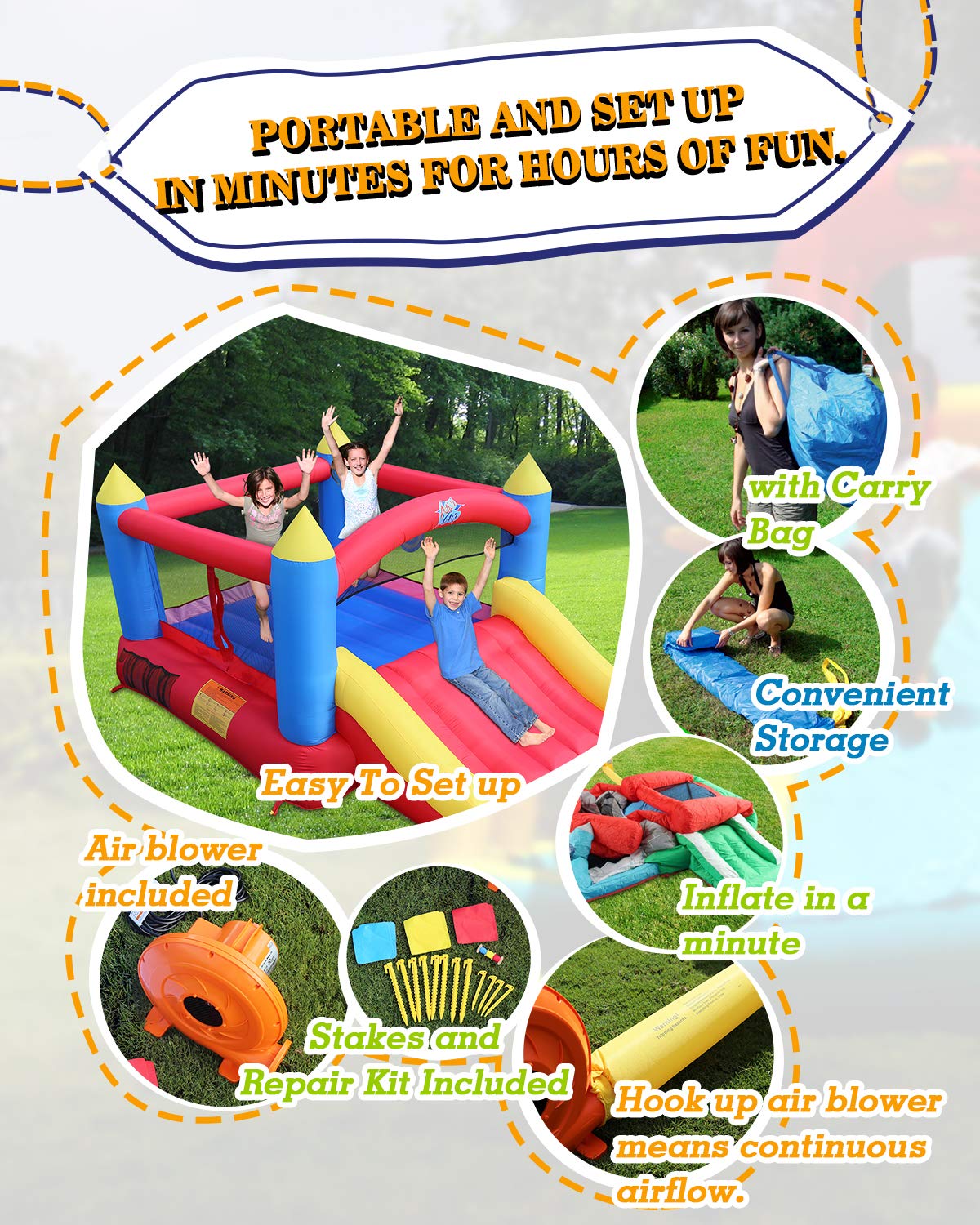 ACTION AIR [Updated Version] Bounce House, Inflatable Bouncer with Air Blower, Jumping Castle with Slide, Family Backyard Bouncy Castle, Durable Sewn with Extra Thick Material, Idea for Kids (C-9745) Action air