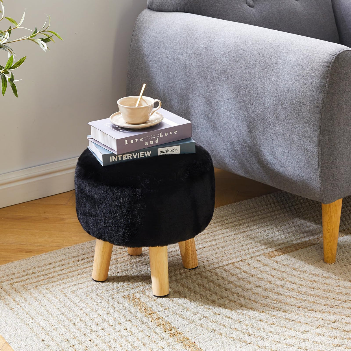 YMYNY Ottoman, Modern Footrest with Soft Padded Seat, Foot Stool with Wood Legs, Small Round Accent Small Table for Living Room Bedroom Office 12.6" D×12.6" W×12.6" H Black UHBD035B YMYNY