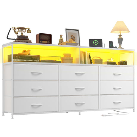 Romorgniz 55" W White Dresser for Bedroom with 9 Drawers, LED TV Stand with Power Outlets for 45, 55, 65 Inch TV, Sturdy Long Chest of Drawers with Extra 2 Wooden Shelves, 55.1" W x 35.4" H x 11.8" D Romorgniz