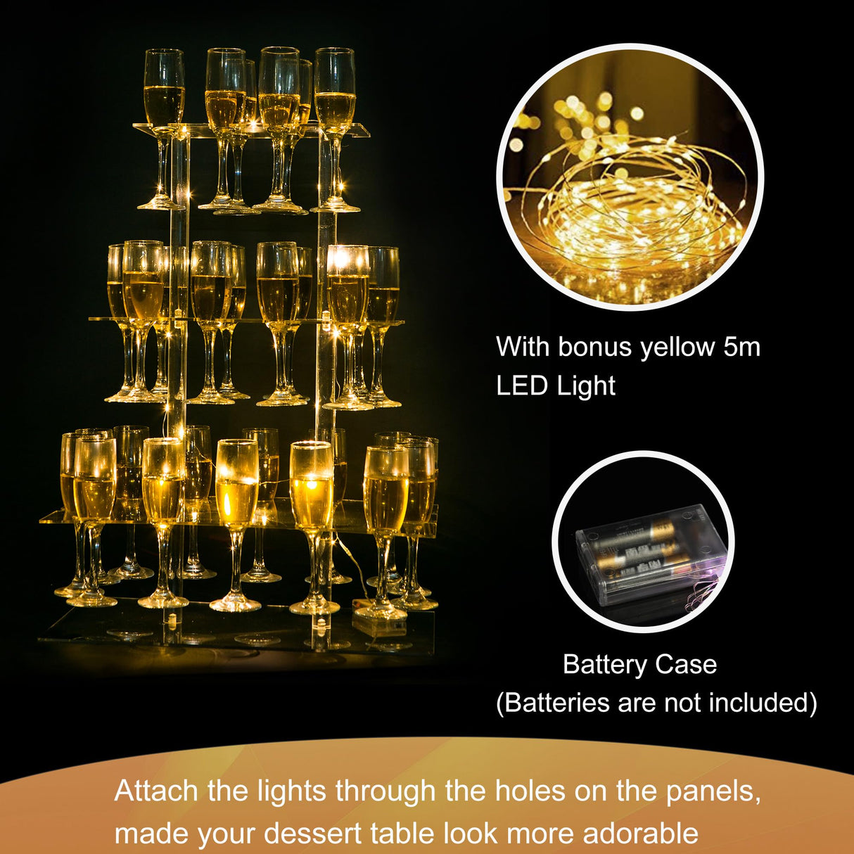 Champagne Display Holder Stand for Party, 3 Tier Clear Acrylic Wine Glass Stemware Rack Champagne Flute Holder with Led Light, Cocktail Tree Stand, 32 Slots, Measures 26" x 20" x 12" HeiMma