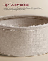 VASAGLE Side Table with Charging Station, Round End Table With Fabric Basket, Nightstand with Power Outlets USB Ports, for Living Room, Bedroom, Modern, Matte White and Camel Brown ULET228W01 VASAGLE