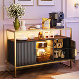 Bestier Coffee Bar Cabinet with Power Outlet, 47" Modern Buffet Cabinet with Storage, Glass Shelves, and LED Light, Fluted Bar Cabinet with Door for Living Room, Bedroom, Classic Black Bestier