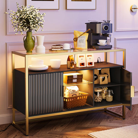 Bestier Coffee Bar Cabinet with Power Outlet, 47" Modern Buffet Cabinet with Storage, Glass Shelves, and LED Light, Fluted Bar Cabinet with Door for Living Room, Bedroom, Classic Black Bestier
