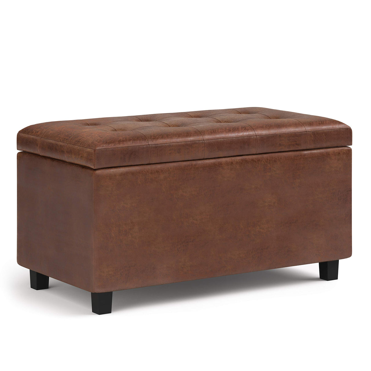 SIMPLIHOME Cosmopolitan Wide Transitional Rectangle Storage Ottoman Vegan Faux Leather, Assembled, for The Living, Entryway and Family Room, 34 inch, Distressed Saddle Brown SIMPLIHOME