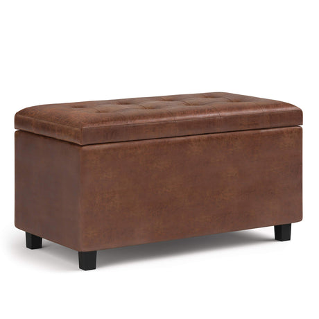 SIMPLIHOME Cosmopolitan Wide Transitional Rectangle Storage Ottoman Vegan Faux Leather, Assembled, for The Living, Entryway and Family Room, 34 inch, Distressed Saddle Brown SIMPLIHOME