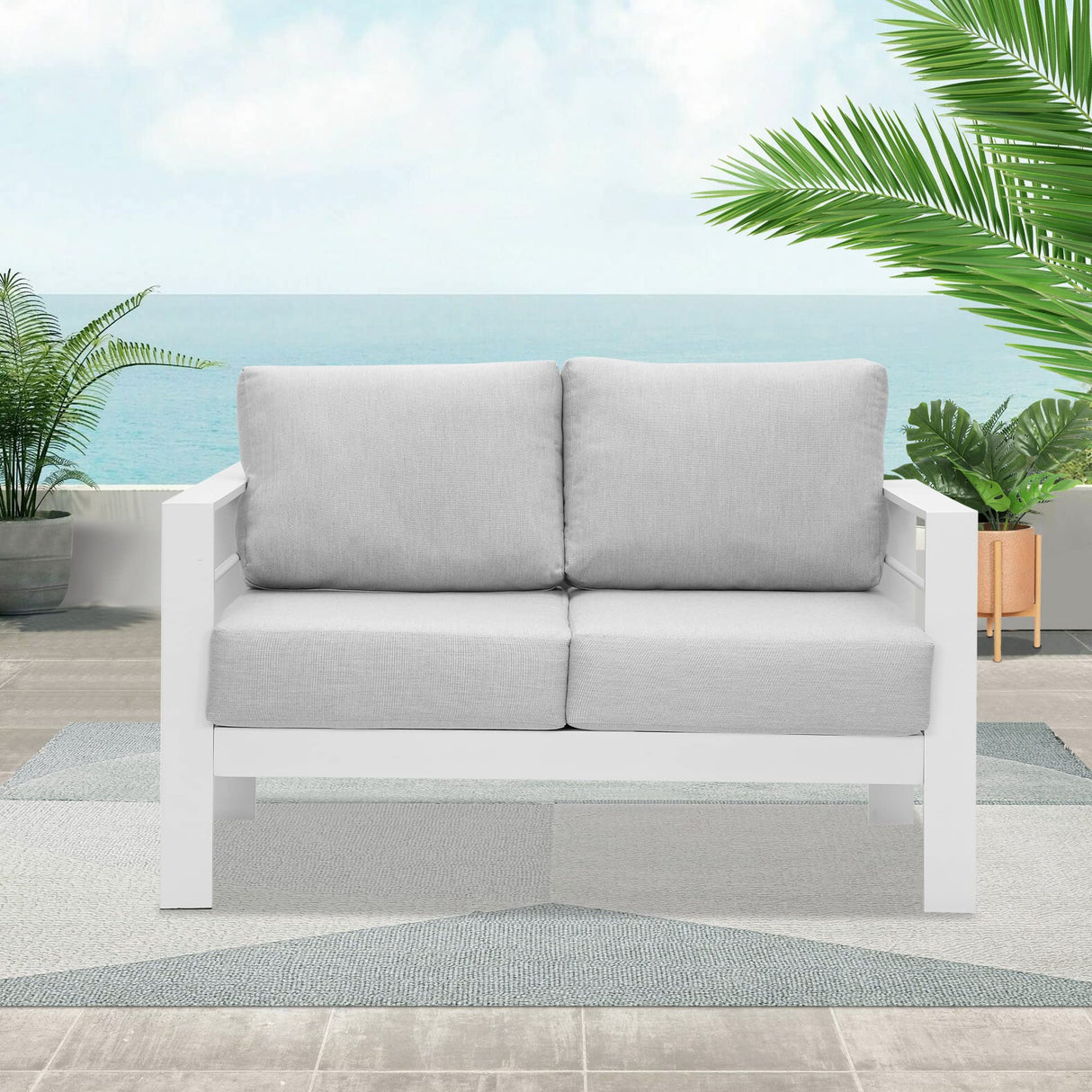 Wisteria Lane Patio Furniture Aluminum Loveseat, All-Weather Outdoor 2 Seats Sofa Couch, White Metal Chair with Light Grey Cushions Wisteria Lane