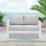 Wisteria Lane Patio Furniture Aluminum Loveseat, All-Weather Outdoor 2 Seats Sofa Couch, White Metal Chair with Light Grey Cushions Wisteria Lane
