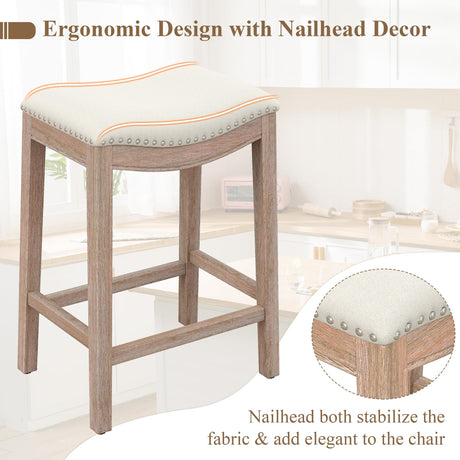 ABET Bar Stools Counter Height Chair Set of 3, 27" Backless Farmhouse Barstools with Wood Leg & Built-in Footrest, Nailhead Saddle Seat, Upholstered Linen Kitchen Island Chairs, Beige ABET