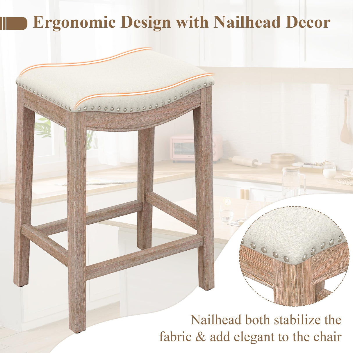 ABET Bar Stools Counter Height Chair Set of 4, 27" Backless Farmhouse Barstools with Wood Leg & Built-in Footrest, Nailhead Saddle Seat, Upholstered Linen Kitchen Island Chairs, Beige ABET