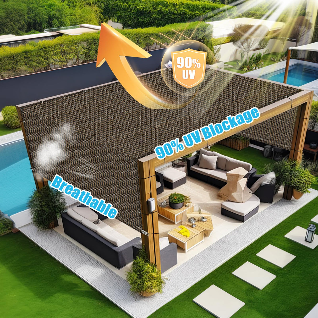 Amagenix 8' W x 12' L Mocha Pergola Sun Shade Canopy Replacement Cover, Privacy Screen with Grommets and Stainless Steel Weighted Rods for Outdoor Patio Amagenix