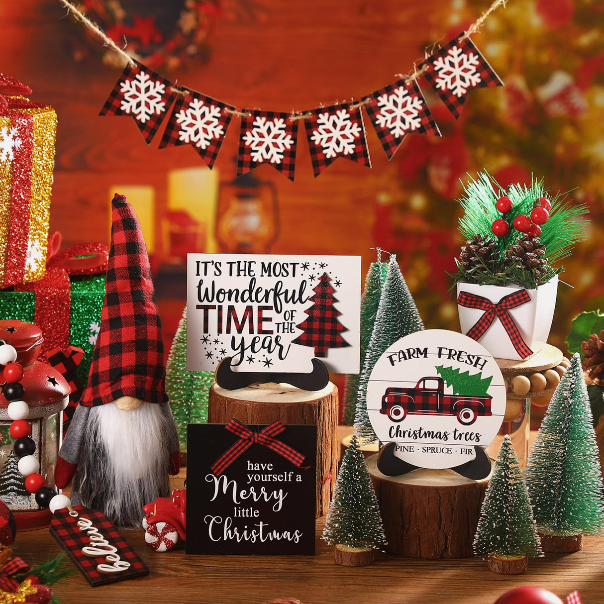 Soaoo 16 Pcs Christmas Tiered Tray Decor Christmas Gnome Plush Tray Decor Farmhouse Buffalo Plaid Wood Table Signs for Holiday Table Centerpieces Home Decorations Soaoo