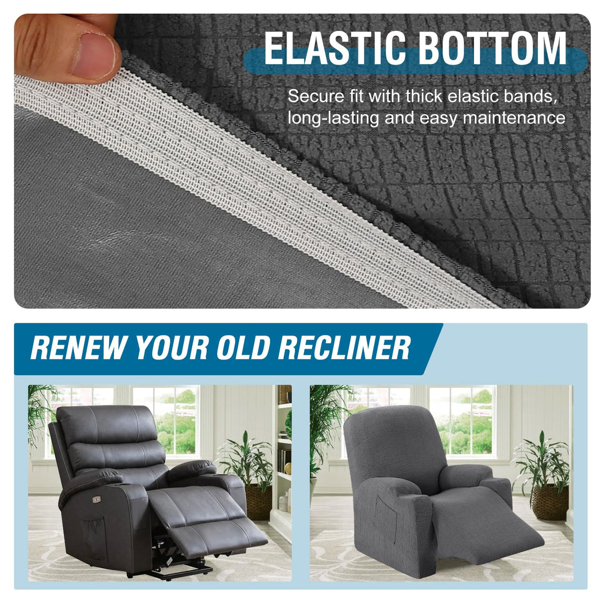 H.VERSAILTEX 100% Waterproof Recliner Chair Cover,Stretch Jacquard Couch Cover for Recliner Electric Power Lift Recliner Chair Slipcover for Elderly Fitted Standard with Side Pocket,Grey H.VERSAILTEX