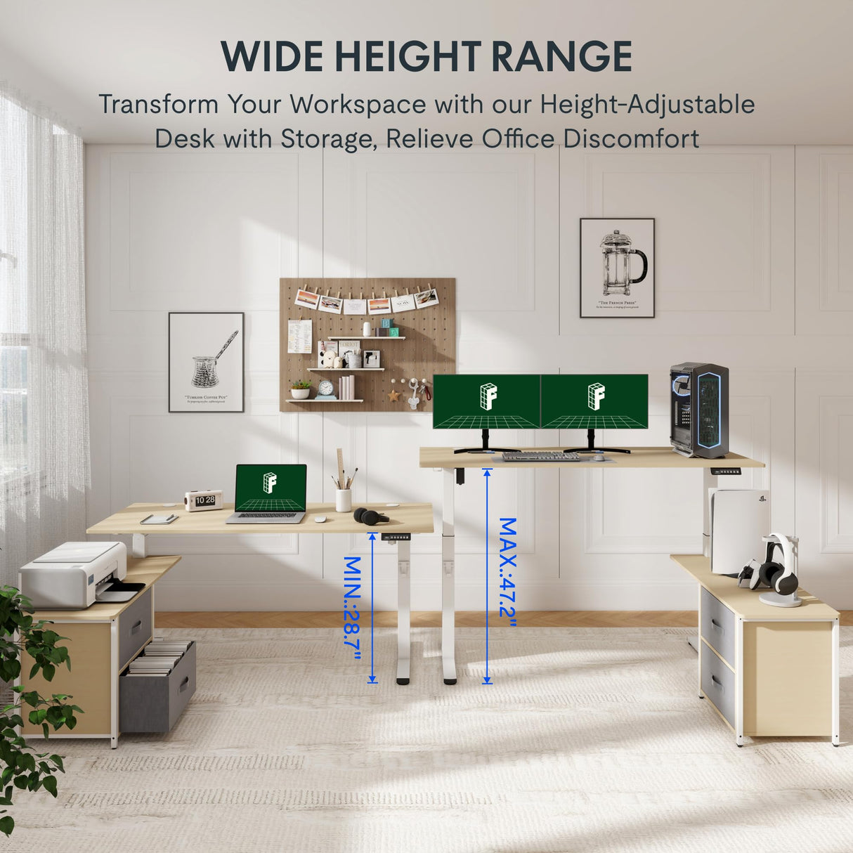 FLEXISPOT 63'' L Shaped Standing Desk with Drawers, Adjustable Height Desk with Shelves, Large Corner Stand Up Desk with Headphone Hooks for Home Office, Light Wood Grain Top+ White Frame FLEXISPOT