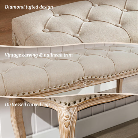 Cozyman Bedroom Bench, French Vintage Tufted Entryway Bench, 45.2" Carving Upholstered End of Bed Bench with Distressed Wood Legs, Linen Ottoman Bench Seat for Living Room, Dining Room, Linen Color Cozyman