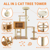 55'' Wood Cat Tree Modern Multi-Level Cat Tree Tower for Indoor Small & Large Cats with 2 Space Capsules Sisal Scratching Post Wooden Cat Condo Plush Top Perch and Dangling Toy Balls OUTGOODS