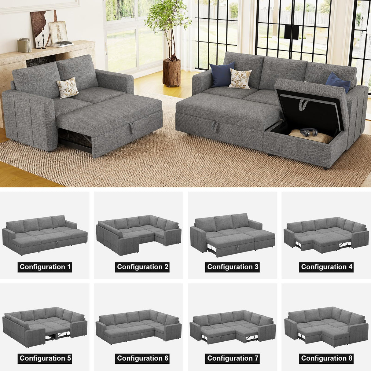 Belffin Modular Sectional Sleeper Sofa with Pull Out Couch, U Shaped Sleeper Pull Out Bed, Convertible Sectional Couches for Living Room, Light Grey Belffin