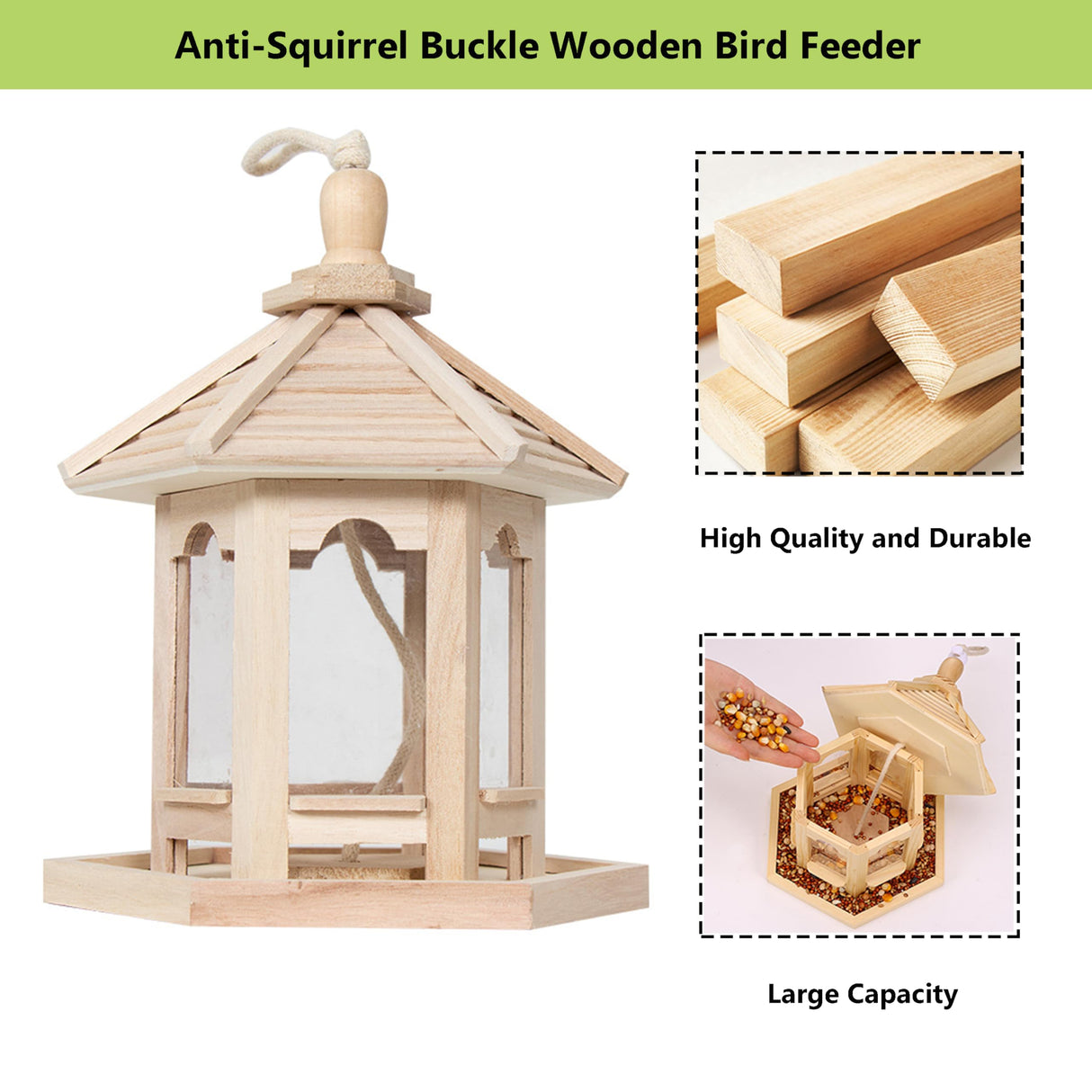 Wooden Bird Feeder for Outside Garden,Hanging Bird Feeders Wood Hexagon Shaped Gazebo Bird Feeder Large Capacity,Wood House Bird Feeder for Cardinal Sparrow Finch AiduduPet