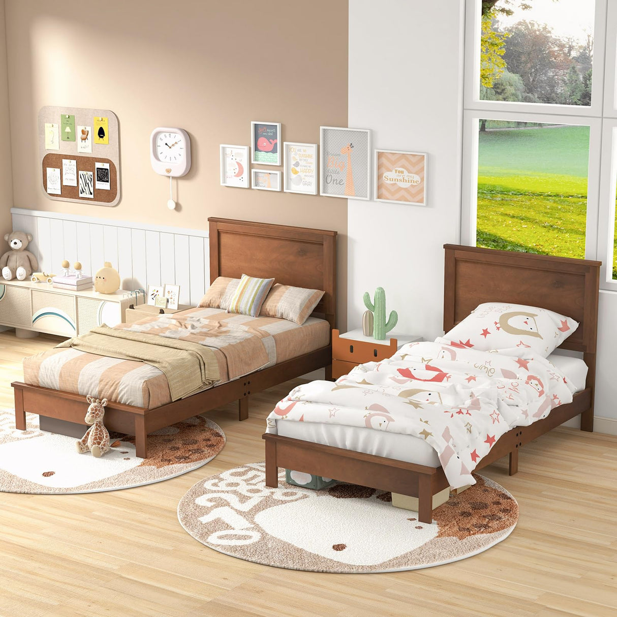 Giantex Wood Twin Bed Frames with Headboard, Mid Century Platform Bed Frame with Solid Wood Legs & Wooden Slat Support, Twin Bed Frames for Kids Adults, Walnut Bed Giantex