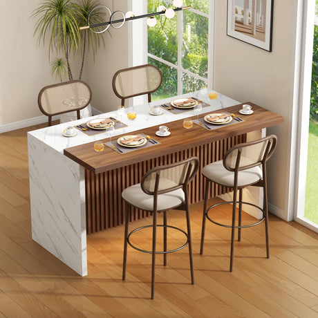 Gyfimoie 63" Large Imitation Marble Bar Table,Island Table with LED Lights,Mordern Marble Stripes Dining Table with Grille Design for Home Kitchen, Living Room, Balcony, Basement(White) Gyfimoie