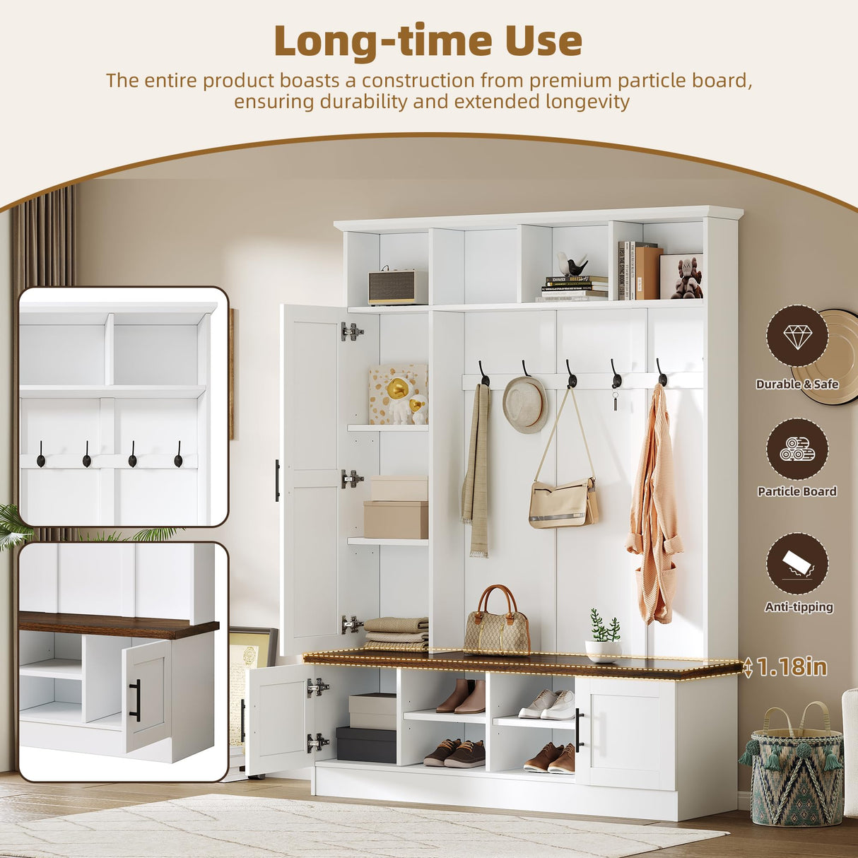 Merax Farmhouse Wood Hall Tree with 6 Hooks and Shoe Bench, Mudroom Versatile Coat Racks with Cabinets and Shelves, Entrance Organizer for Hallway White Merax