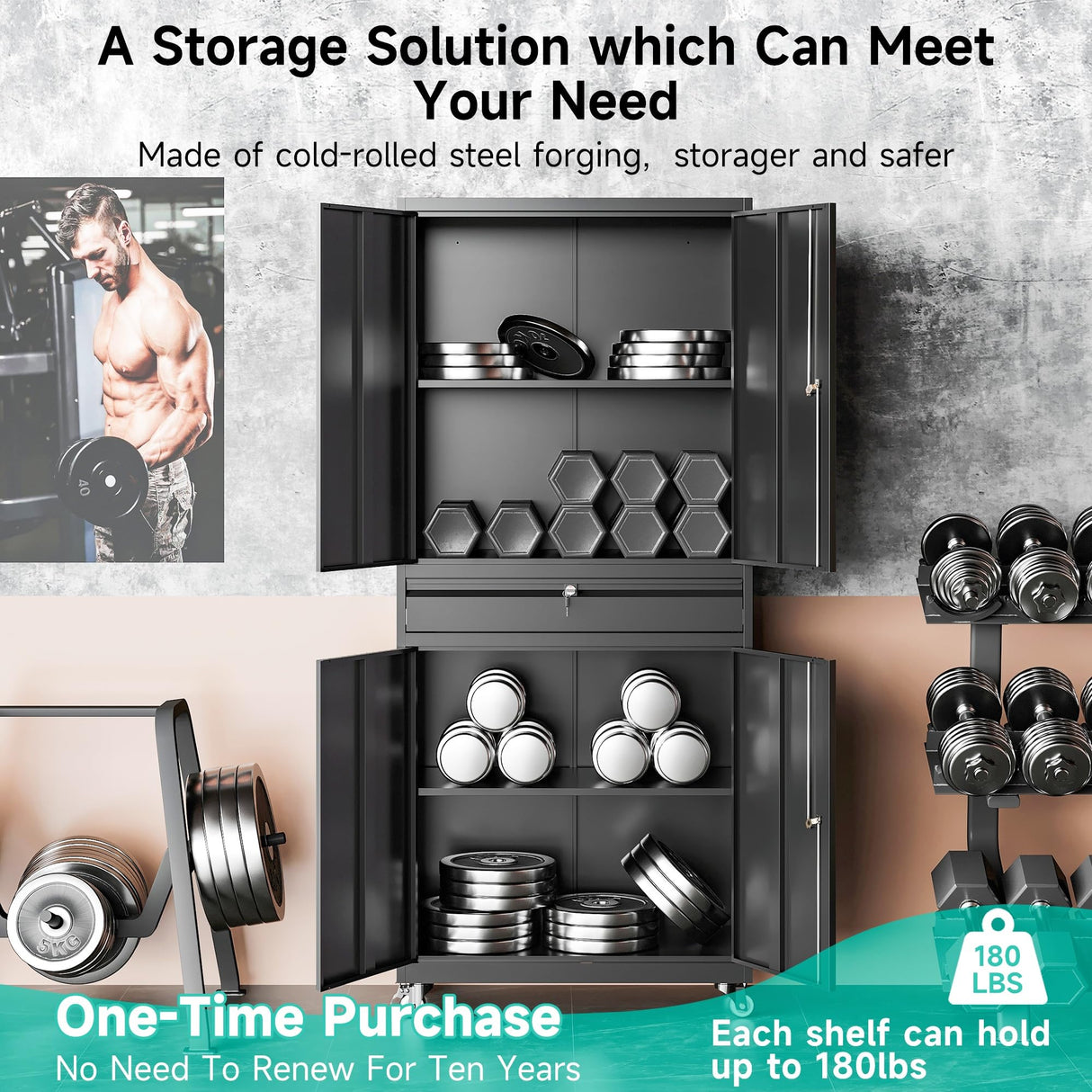 Metal Garage Storage Cabinet with Wheels and Drawer,73" Tall Black Rolling Garage Cabinet with Locking Doors and Adjustable Shelves,Mobile Metal Storage Cabinets on Wheels for Home,Office,Garages,Tool SISESOL