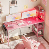 Bestier Gaming Desk with Power Outlets, 61 Inch Large Led Gamer Desk with 4 Tiers Reversible Shelves, PC Gaming Table with Headset Hook & Side Storage Bag for Bedroom (Pink 3D Carbon Fiber) Bestier