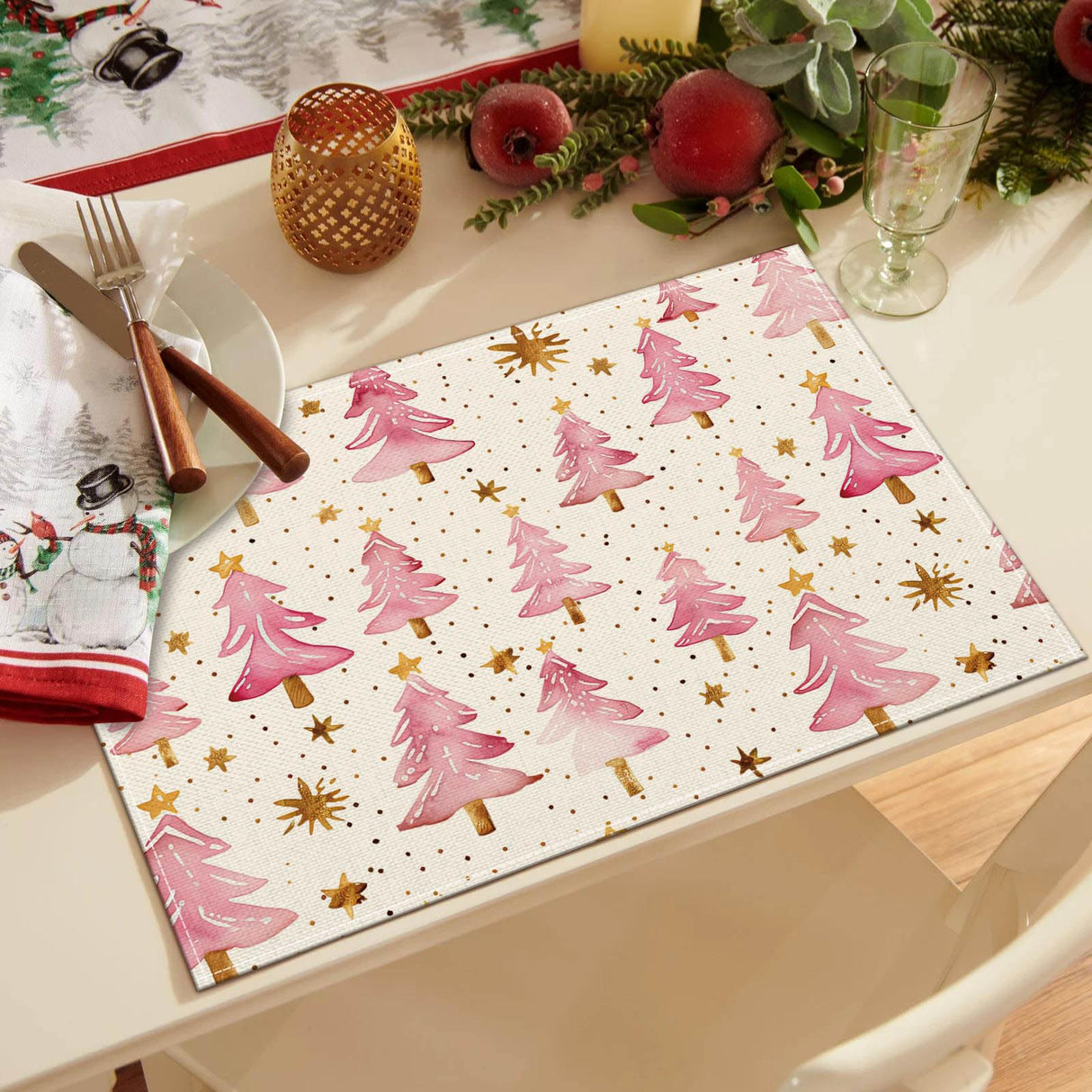 Christmas Placemats Set of 4, 12x18 Inch Pink Merry Christmas Trees Heat-Resistant Place Mats, Seasonal Winter Table Decors for Farmhouse Kitchen Dining Xmas Holiday Party Moutina