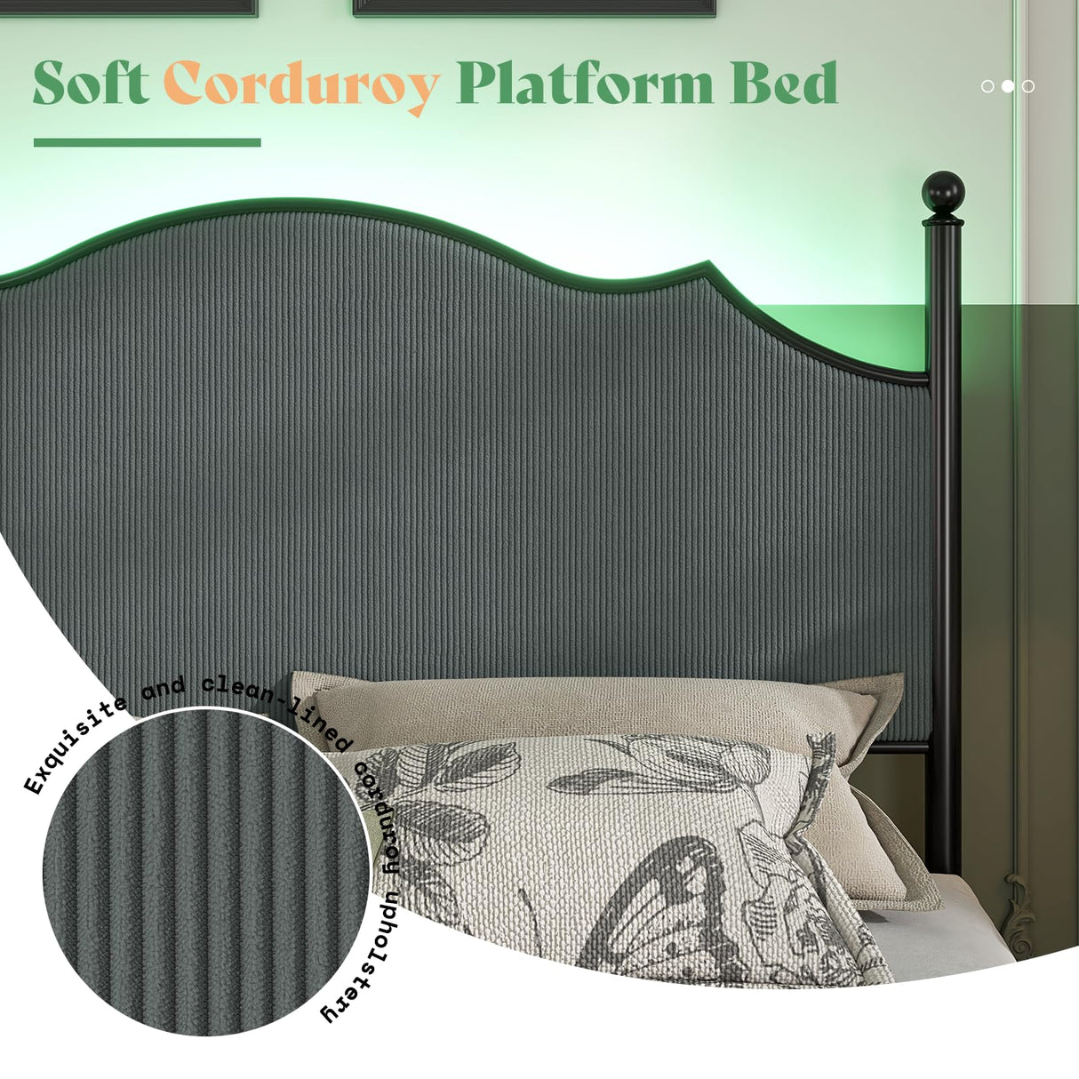 AMERLIFE Upholstered Full Size Bed Frame with 51.2" Tall Headboard, Metal Four Poster LED Beds for Bedroom, Easy Assembly, Wooden Slats, Dark Grey AMERLIFE