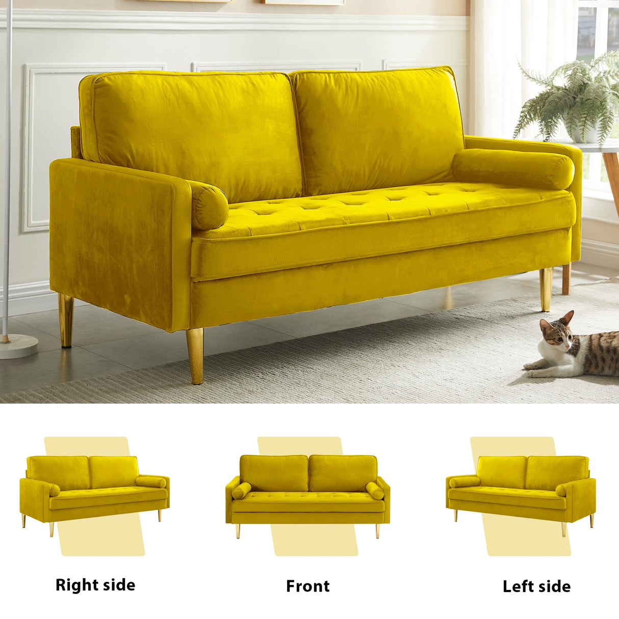RXRRXY 67" Modern Velvet Loveseat Sofa Couch, Mid-Century Tufted Upholstered Small Love Seat Couch with 2 Pillows & 4 Golden Legs, 2-Seats Couches for Compact Space, Living Room, Apartment (Yellow) RXRRXY