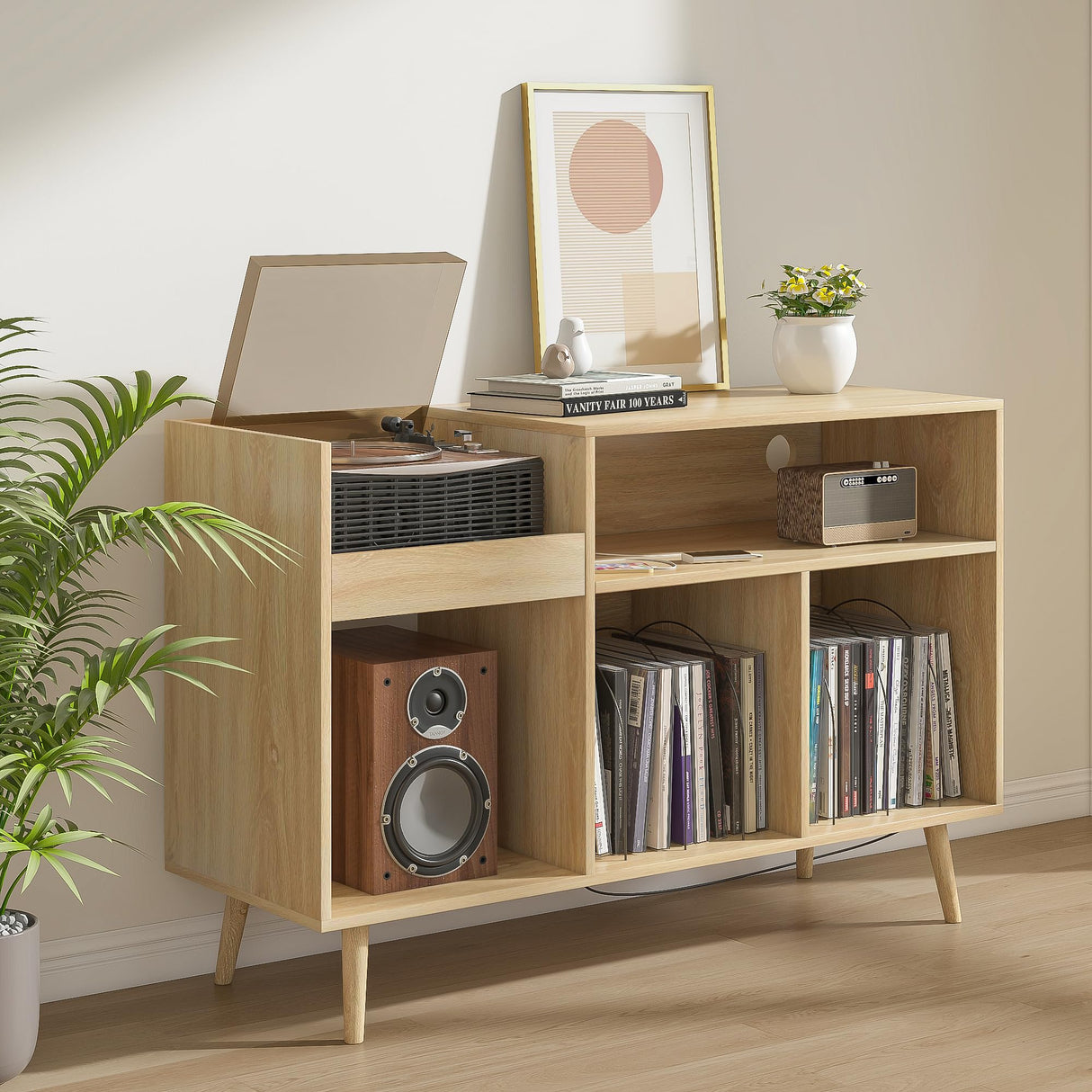 Record Player Stand with Charging Station & USB Ports, Mid-Century Turntable Stand Table Holds Up to 300 Albums, Vinyl Record Storage Cabinet with Wood Legs for Living Room Office (Wood) Oubayajia