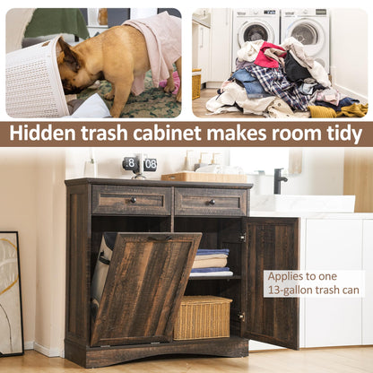 AHB 13 Gallons Tilt Out Trash Cabinet Freestanding Kitchen Trash Cabinet Hidden Garbage Recycling Cabinet with Hideaway Drawers Pet Proof Trash Can for Kitchen Dining Room Living Room, Rustic Brown