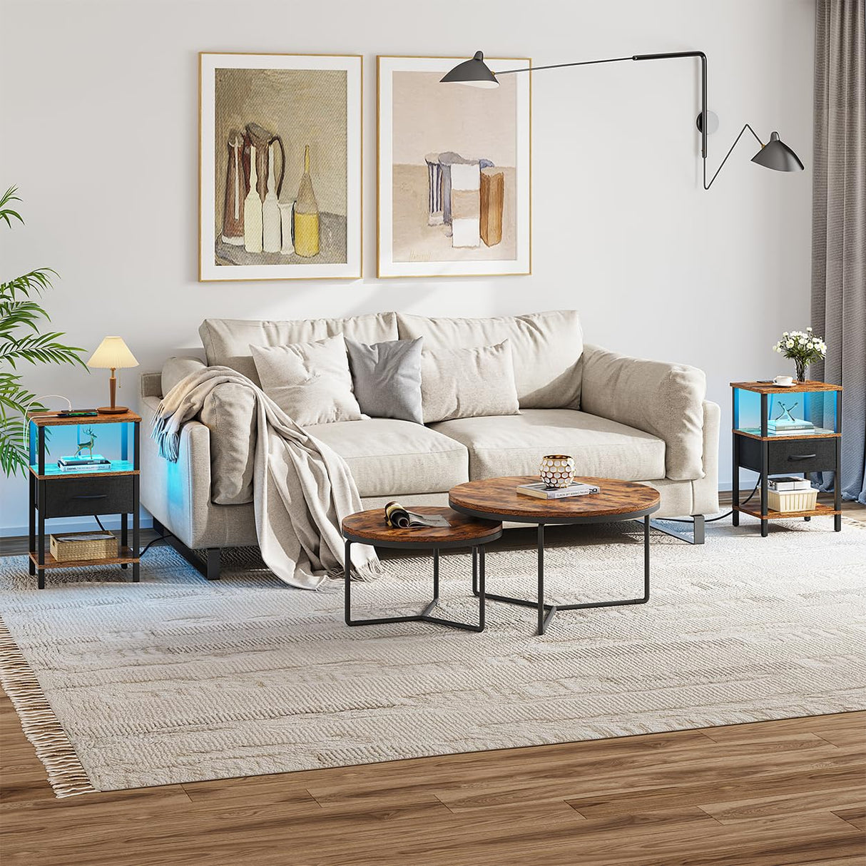 VIMBER Nightstand Set of 2, Adjustable LED Side Table with Charging Station and Fabric Drawer,Beside Table with Open Compartment for Living Room, Easy Assemble, 3 Tier End Table for Bedroom, Brown VIMBER