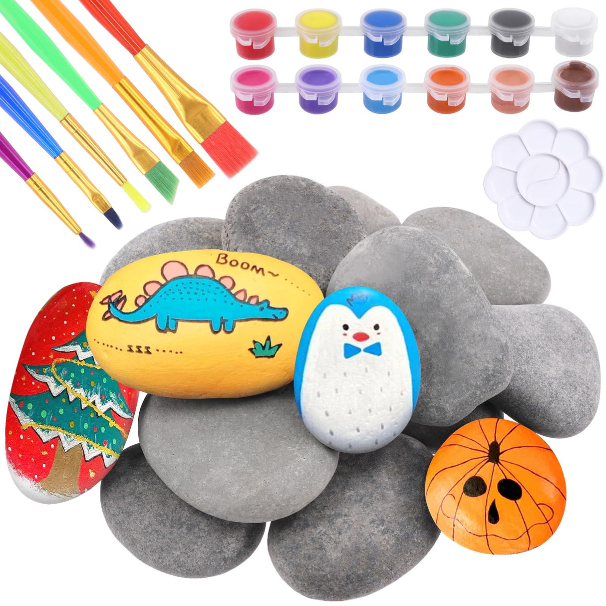 Glarks 34Pcs Rock Painting Kit, Including 15Pcs 2"-3" Flat Painting Stones River Rocks, 12 Colors Non-Toxic Washable Paint, 6Pcs Paint Brushes and 1Pc Palette for DIY Arts and Craft Activities Glarks