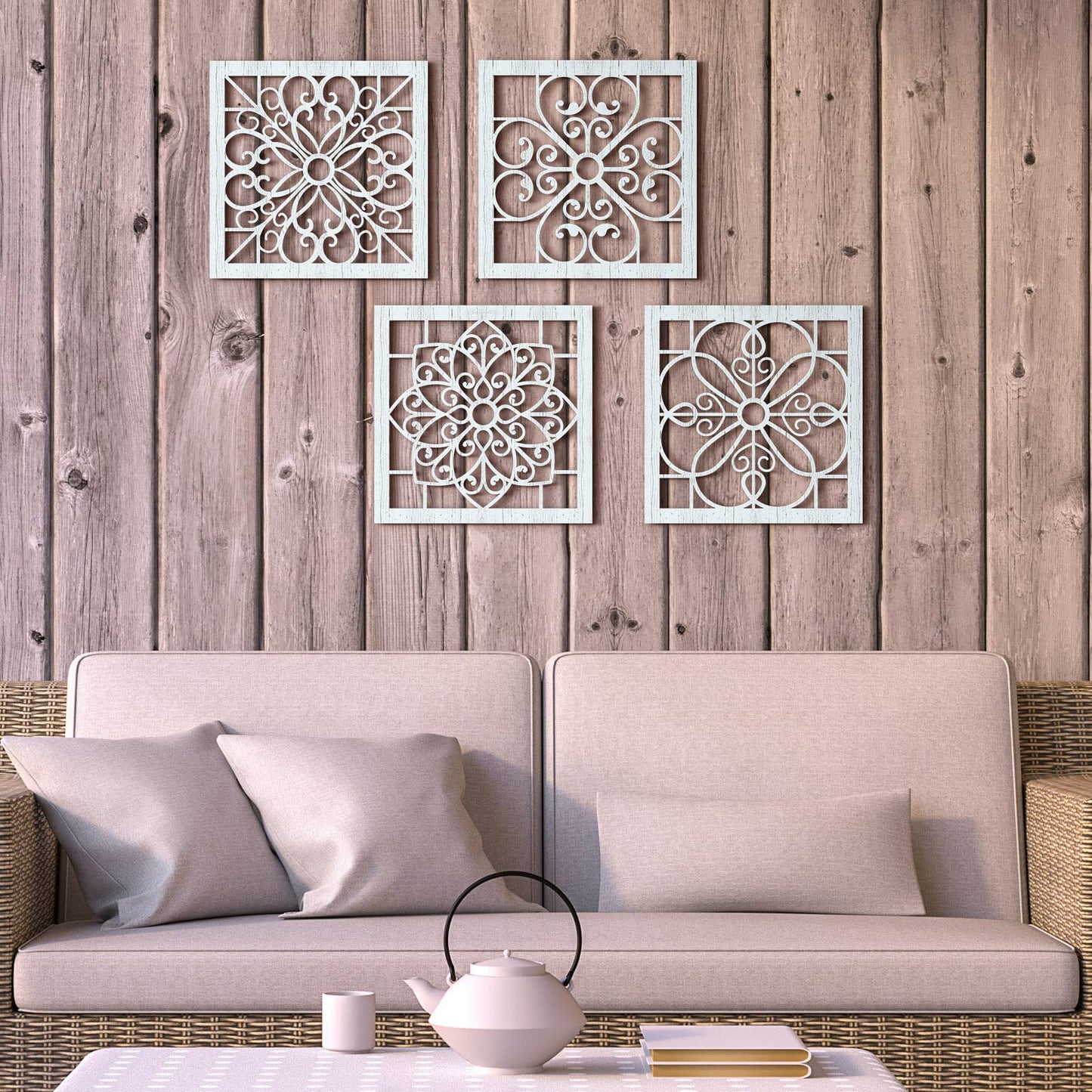 Yulejo 4 Pieces Thicken Rustic Wall Decor Farmhouse Wall Art Decor Wooden Hollow Carved Design Rustic Wall Art for Living Room Bedroom Hallway Decor Office Kitchen Wall Decoration (Light Cyan)