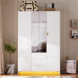 PAKASEPT 4 Doors Armoire Wardrobe Closet with Led Light & Mirror, Bedroom Large Capacity Freestanding Armoire Wardrobe with Drawers, Storage Cabinet with Hanging Rod Storage Closet for Bedroom PAKASEPT