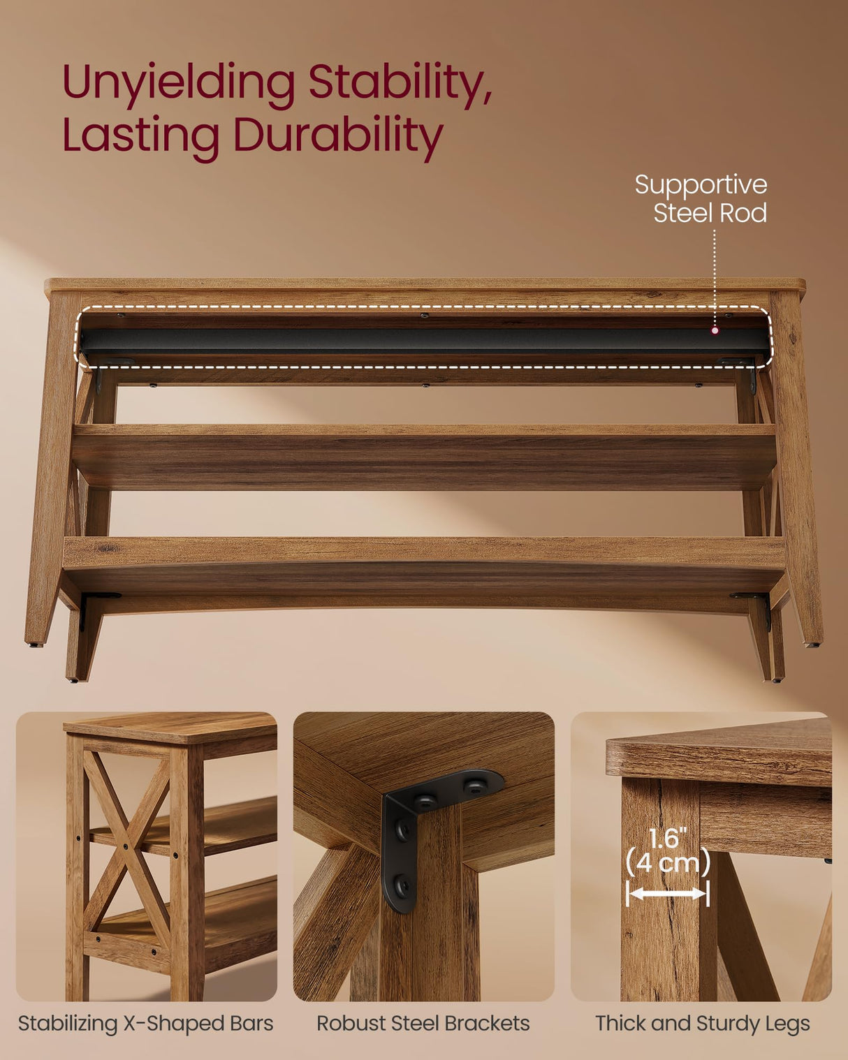 VASAGLE, Entryway Storage Bench, 2-Tier Shoe Rack, 11.8 x 39.4 x 18.9 Inches, Holds up to 600 lb, Farmhouse Style, for Living Room, Bedroom, Honey Brown ULSB153K41 VASAGLE