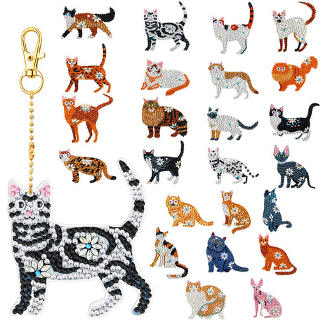 Henoyso 24 Pcs Cat Diamond Painting Keychains Diamond Art Key Chains DIY 5d Double Sided Drill Kit Painting Ornaments Set for Adult Art Craft Supplies Gift Accessories Henoyso
