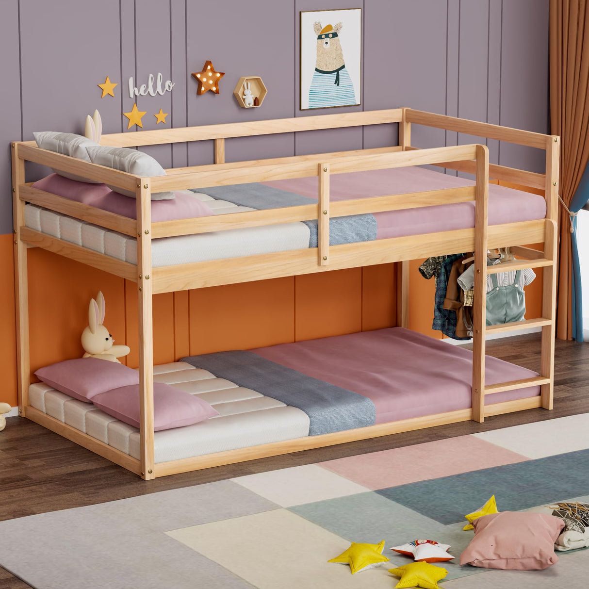 TOLEAD Low Bunk Bed Twin Over Twin, Floor Bunk Bed with Ladder, Twin Bunk Bed with Full Guardrails, Wooden Bunk Bed for Juniors, Boys, Girls, Kids, Bedrooms (Natural) TOLEAD
