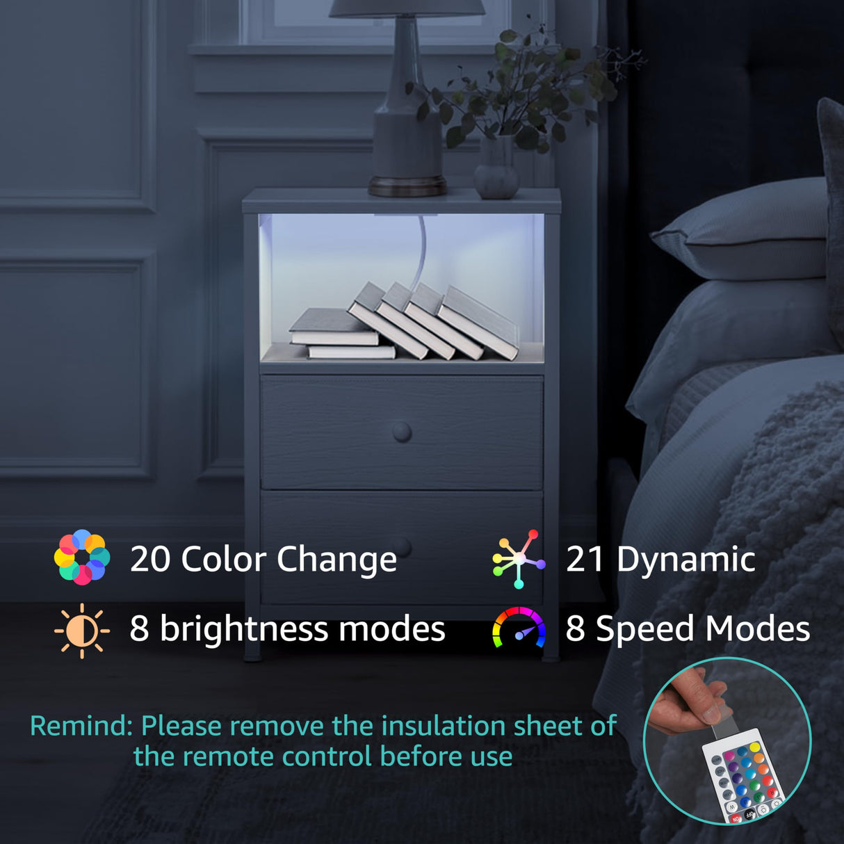 BOLUO White Nightstands Set of 2, Bedroom Night Stand Set Two Nightstand with Charging Station and LED Light, Bedside Table with 2 Fabric Drawers Modern BOLUO