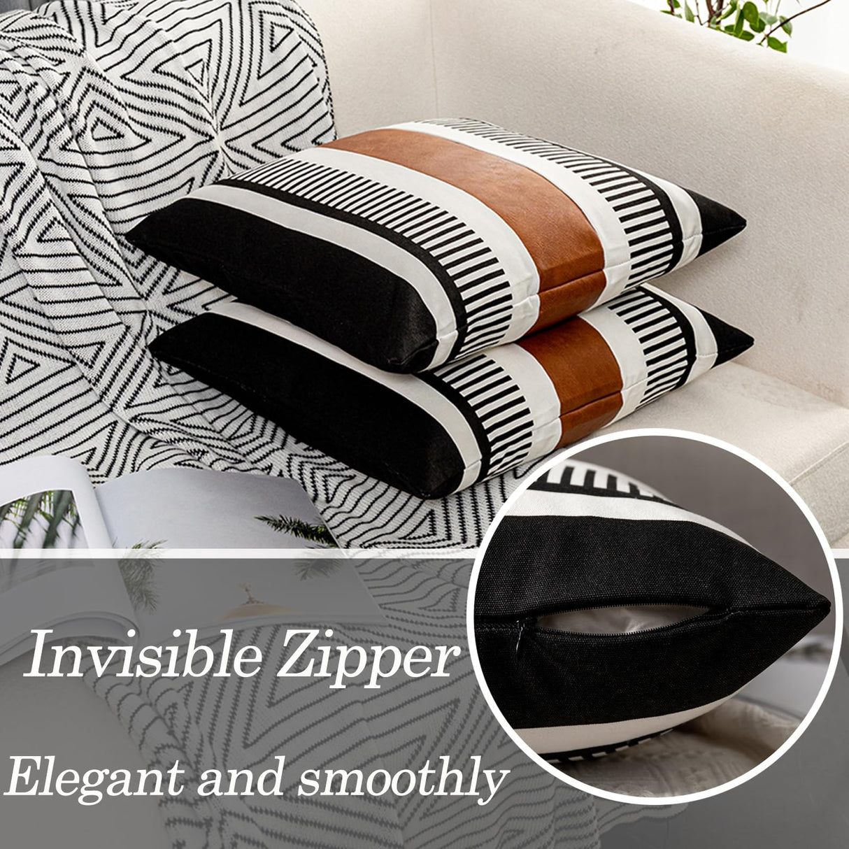 Vfuty Pack of 2 Farmhouse Throw Pillow Covers for Couch Sofa Decorative Faux Leather Square Cushion Cover Tribal Stripe Accent Pillow Case 18 x 18 Inch,Black Vfuty