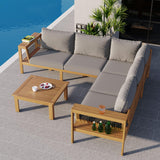 Merax 4 Pieces Patio Furniture Set, Outdoor L-Shaped Sectional Sofa Set with Coffee Table, Acacia Wood Conversation Seating & Thick Cushions and Side Table, for Garden, Poolside and Backyard, Gray Merax