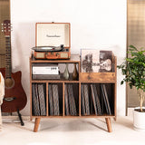 UODERS Record Player Stand, Large Record Player Table Cabinet with Open Vinyl Storage and Display Shelf Holds up to 350 Albums, Mid Century Wood Turntable for Living Room, Bedroom (Brown) UODERS