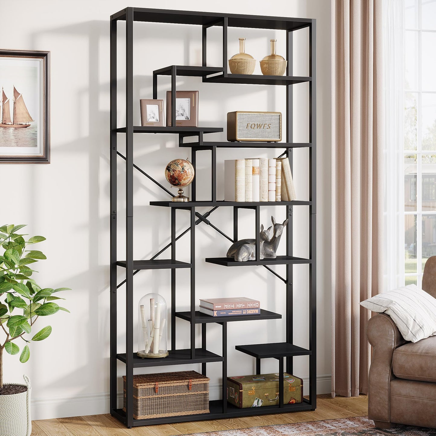 Tribesigns 79'' Black Etagere Bookshelf with 12 Open Shelves - 7-Tier Modern Wood Display Unit - WoodArtSupply