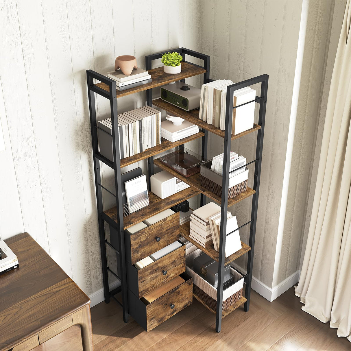 YATINEY Corner Bookshelf, 7 Tier L-Shaped Bookcase with 3 Drawers, Storage Corner Shelf, Freestanding Tall Display Shelf, Industrial Style, for Living Room, Home Office, Rustic Brown and Black SJ10BR YATINEY