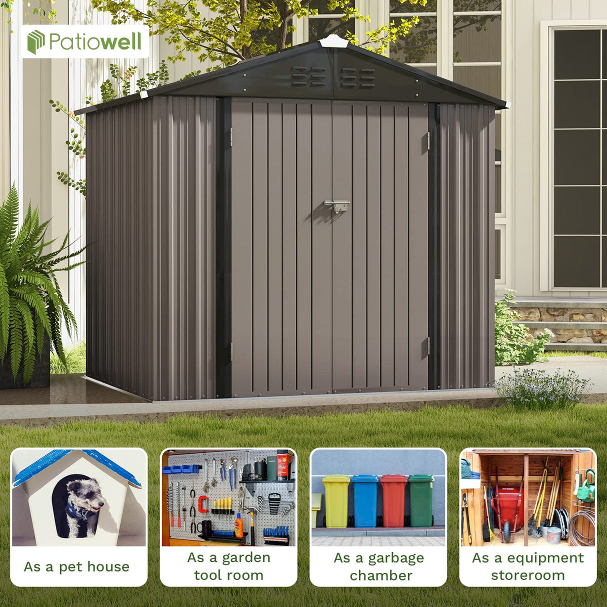 Patiowell 8x6 FT Outdoor Storage Shed, Metal Tool shed & Outdoor Storage with Lockable Doors & Air Vents, for Backyard Garden Patio, Brown Patiowell