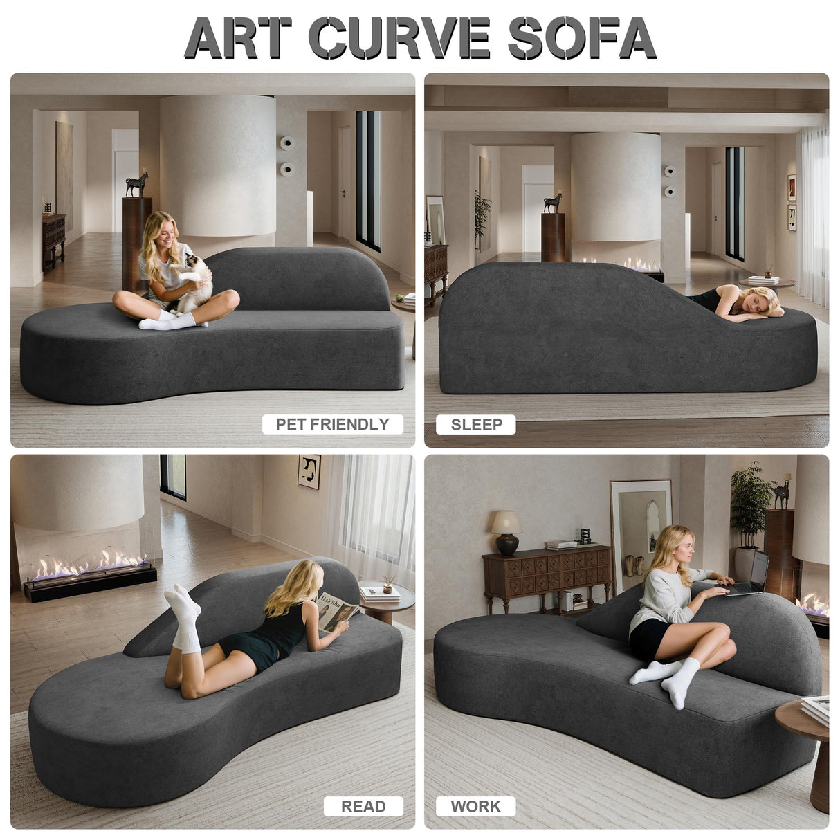 SumKea Luxury Modern Curved Sofa, 91'' Minimalist Style Comfy Couch for Living Room Apartment, 3 Wide Seat Modular, Elegant Gray SumKea