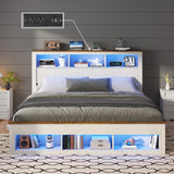 LUXOAK King Size Bed Frame with Bookcase Storage Headboard & Footboard, Farmhouse Wood Platform Bed with LED Light & Charging Station, No Box Spring Needed, White LUXOAK