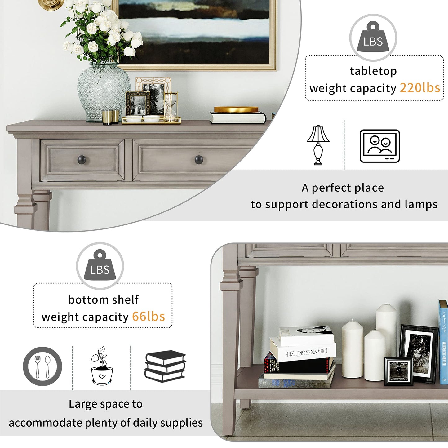 50" Small Entryway Console Table with 3 Storage Drawers and Bottom Shelf, Retro Sofa Table Hallway Table with Pine Wood Frame and Legs (Gray Wash)