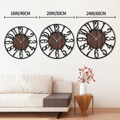 Wall Clock for Living Room Decor- Decorative Antique 16 inches or Larger Silent Non Ticking Black Metal Wood Clocks for Farmhouse,Dining Room,Bedroom,Kitchen,Home Battery Operated Clock Wall  - WoodArtSupply